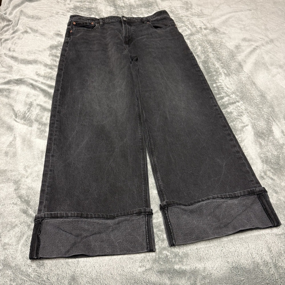 American Eagle Stovepipe Jeans Size 14 Baggy Cuffed Wide Leg Denim Black